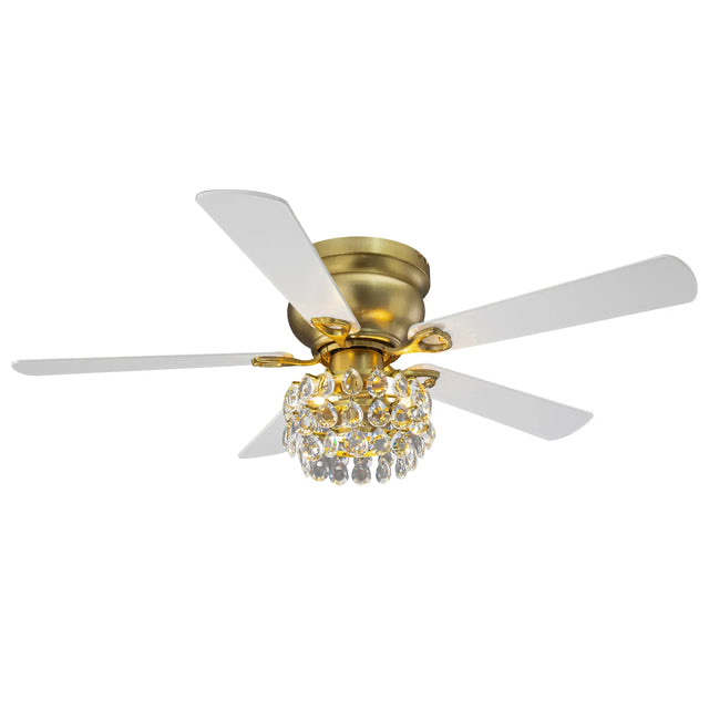 48 Inch Soft Brass Crystal Ornament Flush Mount Ceiling Fan with Light and Remote Control